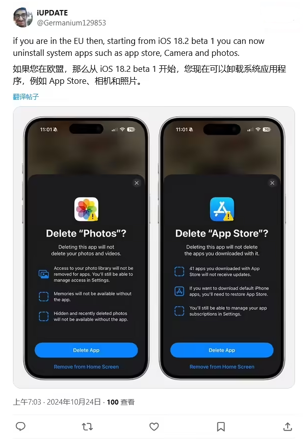 岗巴苹果手机维修分享iOS 18.2 支持删除 App Store 应用商店 